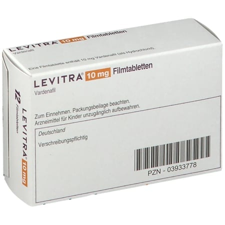 Rückseite der Verpackung Levitra 10 mg mit 12 Filmtabletten von Bayer