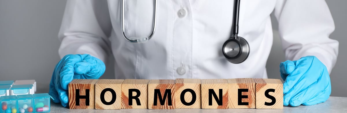 Eine Ärztin mit "Hormone" Wort mit Holzwürfeln Buchstaben gebaut