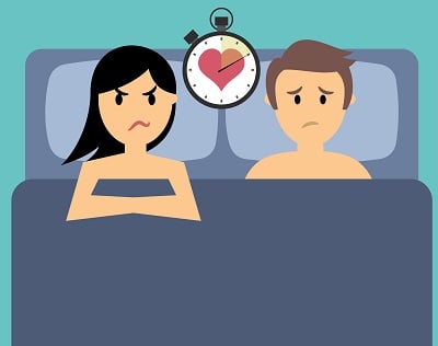 Vektorbild der vorzeitigen Ejakulation bei einem Mann und sexuelle und Beziehungsprobleme bei einem Paar.
