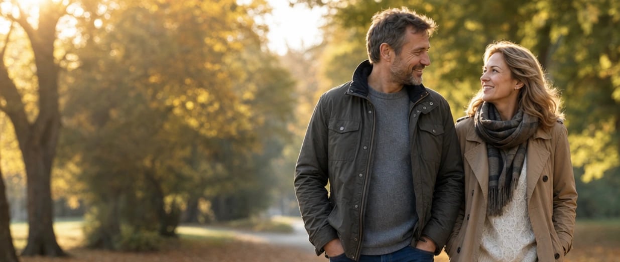 Paar spaziert gemeinsam durch einen herbstlichen Park