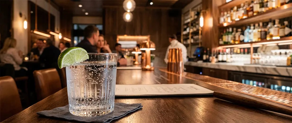 Ein Glas kohlensäurehaltiges Wasser mit einer Limettenscheibe auf einer Holztheke in einer Bar