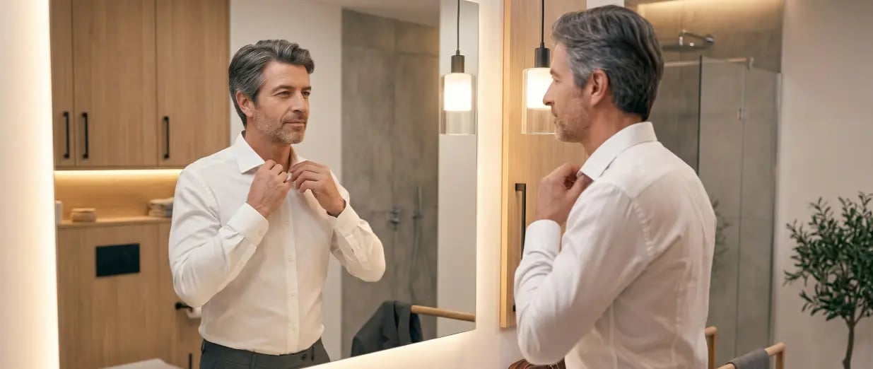 Homme devant le miroir ajustant sa chemise dans la salle de bain