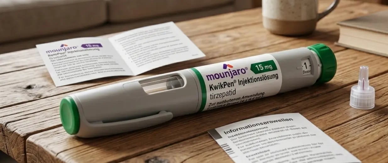 Mounjaro KwikPen mit Informationsbl&auml;ttern auf einem Holztisch