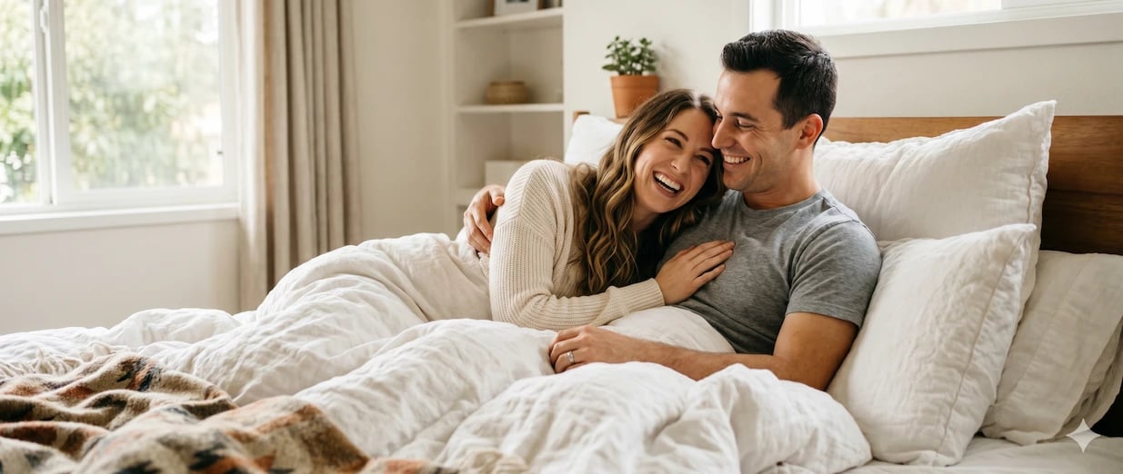A happy couple cuddling in bed