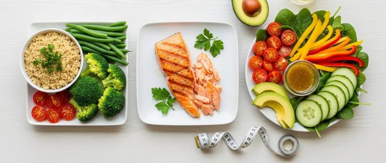 Gesunde Mahlzeiten mit Lachs, Gem&uuml;se und Quinoa auf einem Tisch angerichtet