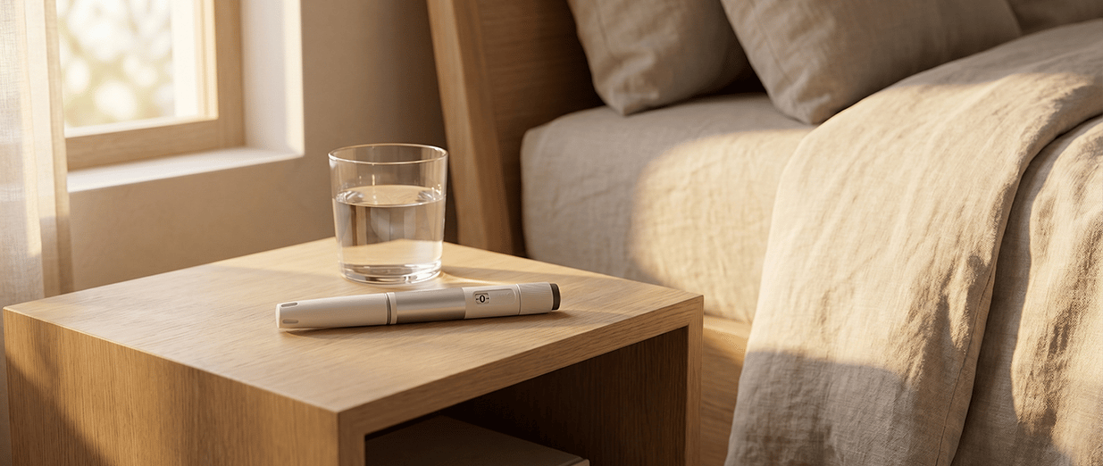 Injektionspen und Glas Wasser auf einem Nachttisch neben einem Bett
