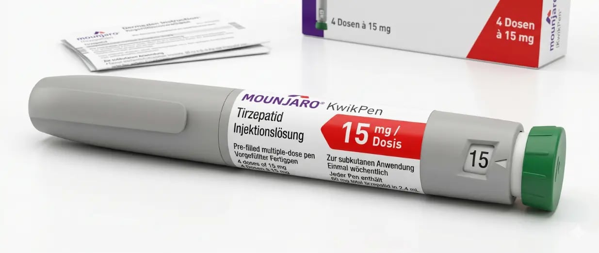 Nahaufnahme eines grauen Mounjaro KwikPens f&uuml;r 15 mg/Dosis mit deutscher Beschriftung auf einem wei&szlig;en Tisch, mit einer passenden Verpackung im Hintergrund.