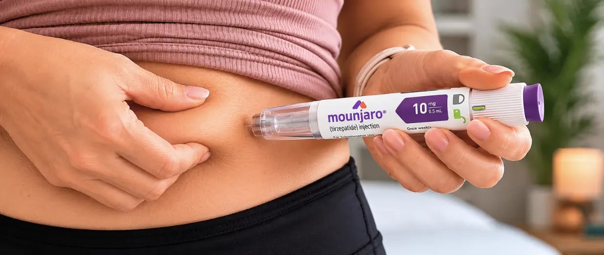 Frau injiziert sich Mounjaro in den Bauch
