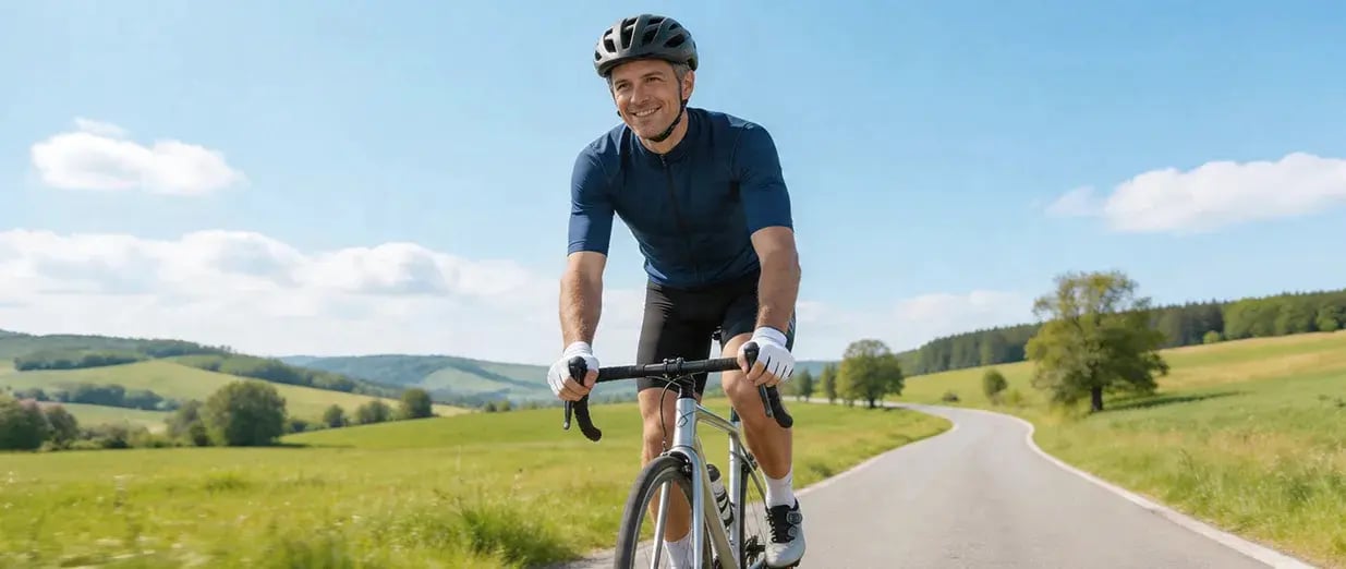 Mann f&auml;hrt Fahrrad auf einer Landstra&szlig;e