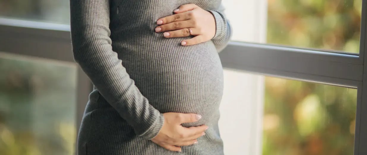 Schwangere Frau h&auml;lt ihren Babybauch am Fenster
