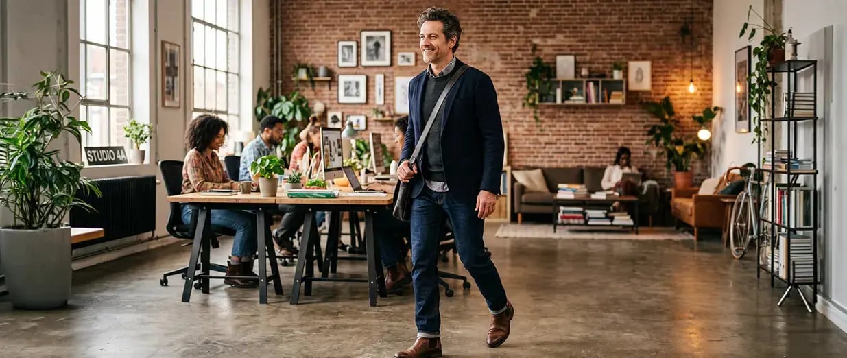 Mann l&auml;uft durch modernen Coworking-Space mit arbeitenden Menschen
