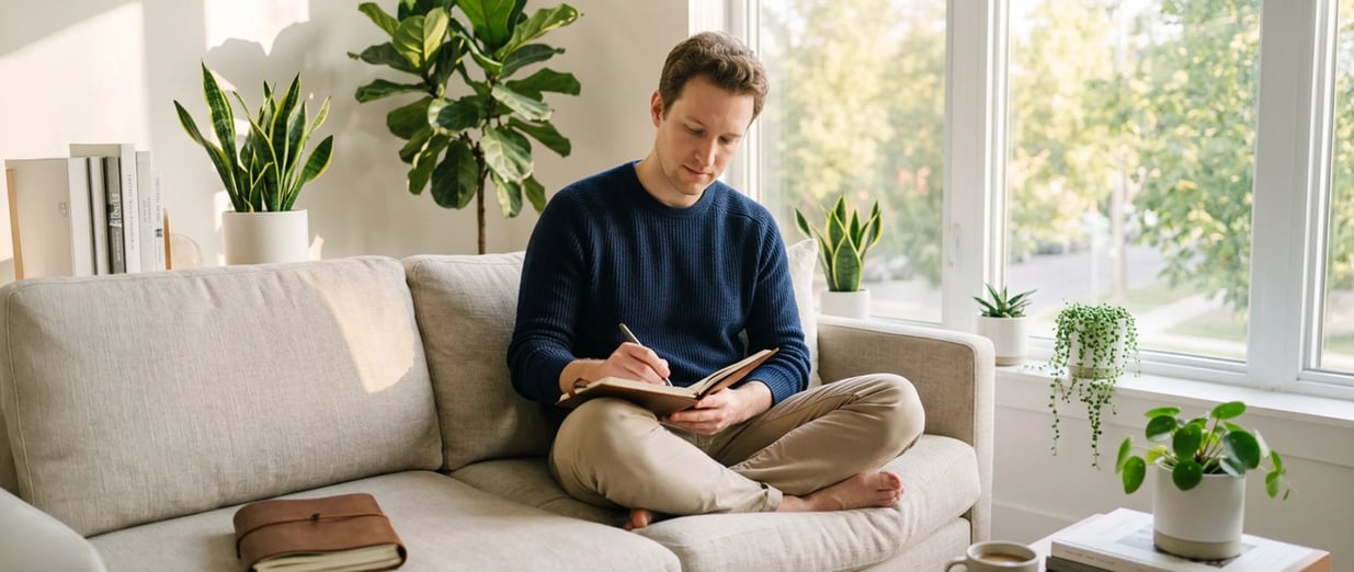 Ein Mann sitzt in einem Wohnzimmer und macht Notizen