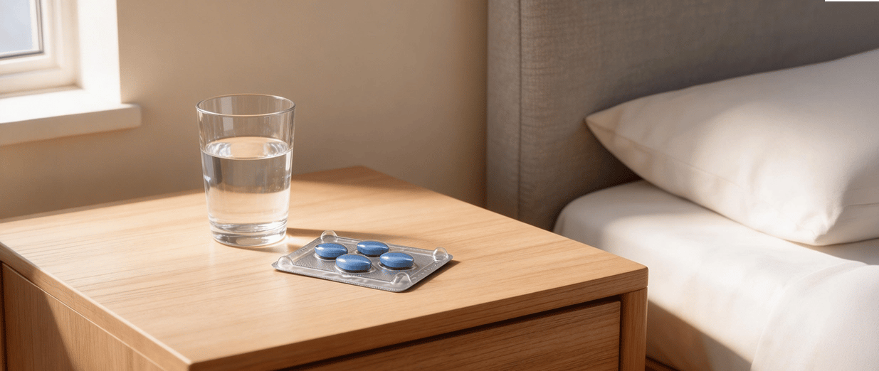 Glas Wasser und Tabletten auf einem Nachttisch neben einem Bett