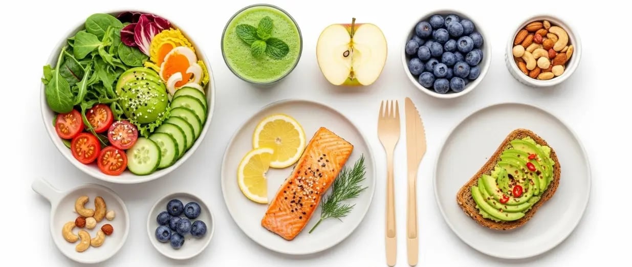 Gesunde Lebensmittel mit Salat, Lachs, Obst und Avocado-Toast