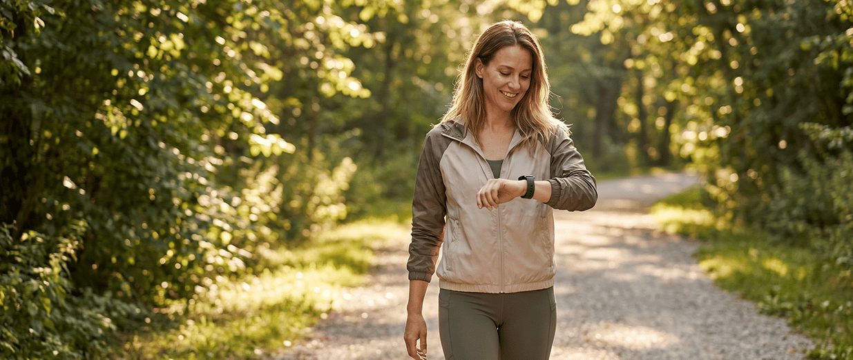 Kvinde i sportstøj går på en skovsti og ser på sit smartwatch i sollys