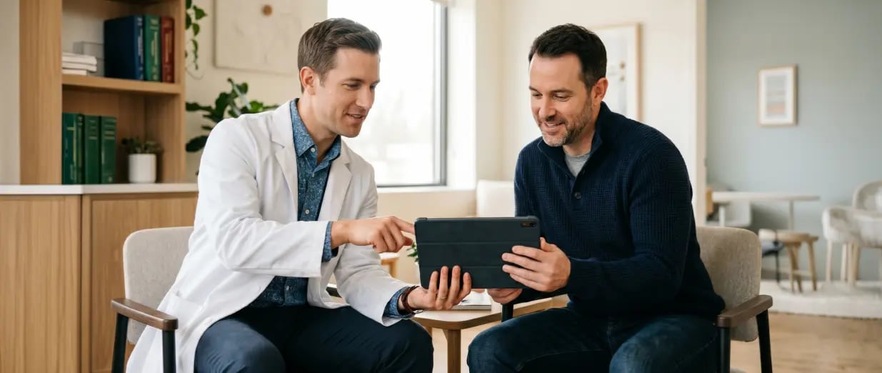 Un m&eacute;decin montre &agrave; un patient des avis sur le Viagra sur une tablette