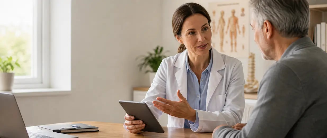 Uma m&eacute;dica conversa com um paciente durante uma consulta