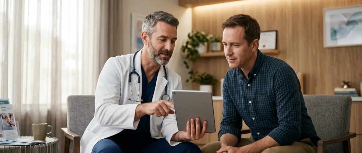 Arzt zeigt einem Patienten Informationen auf einem Tablet w&auml;hrend eines Gespr&auml;chs