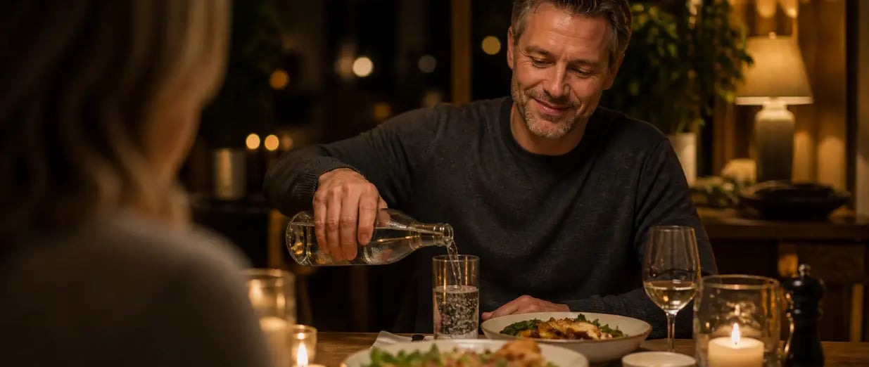 Mann gie&szlig;t Wasser ein und sitzt beim Abendessen