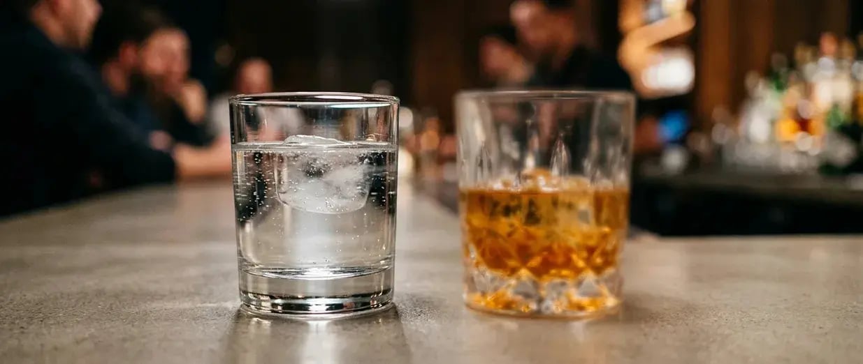 Ett glas vatten och ett glas alkohol p&aring; en bar