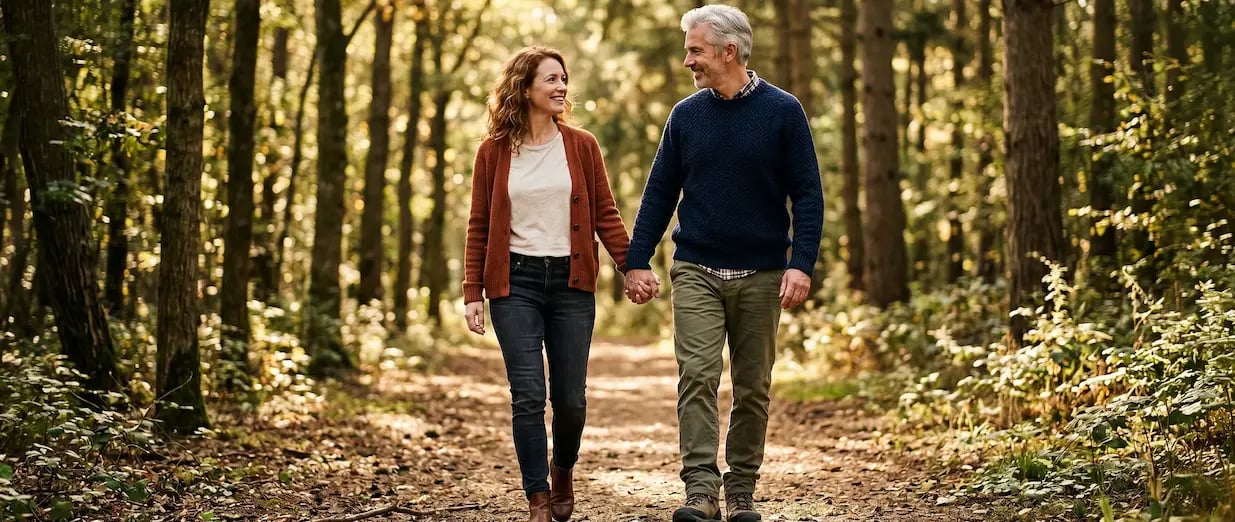 Paar geht Hand in Hand durch einen Wald