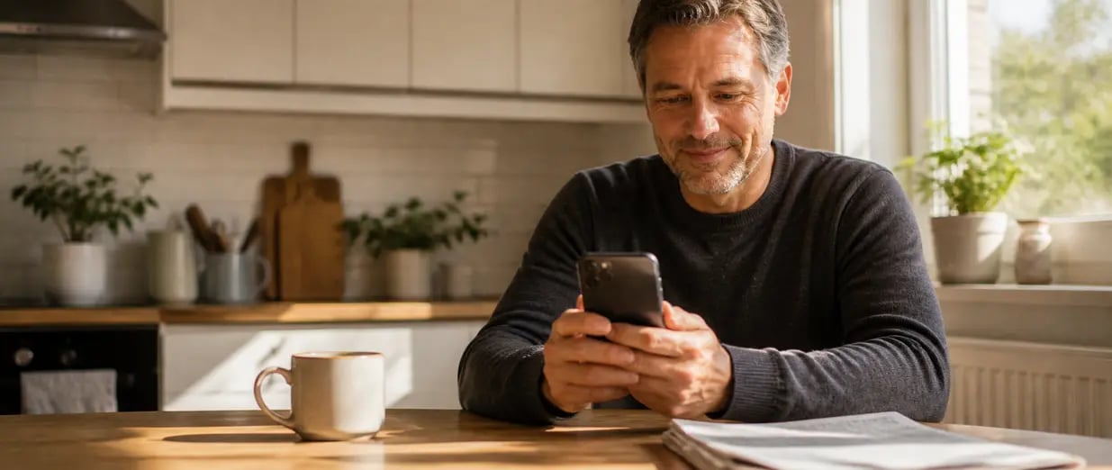 Man sitter i k&ouml;ket och anv&auml;nder sin mobiltelefon