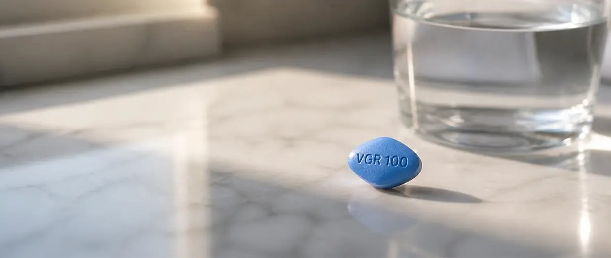 A blue pill on a table next to a glass of water
