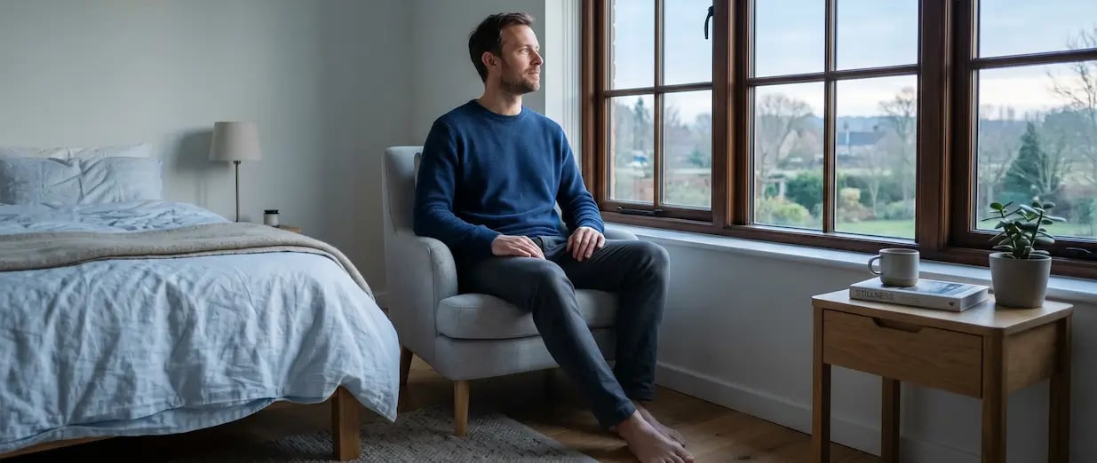 Nachdenklicher Mann sitzt am Fenster in einem Schlafzimmer und blickt nach drau&szlig;en