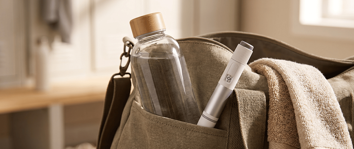 Abnehm-Pen und Wasserflasche in einer Tasche