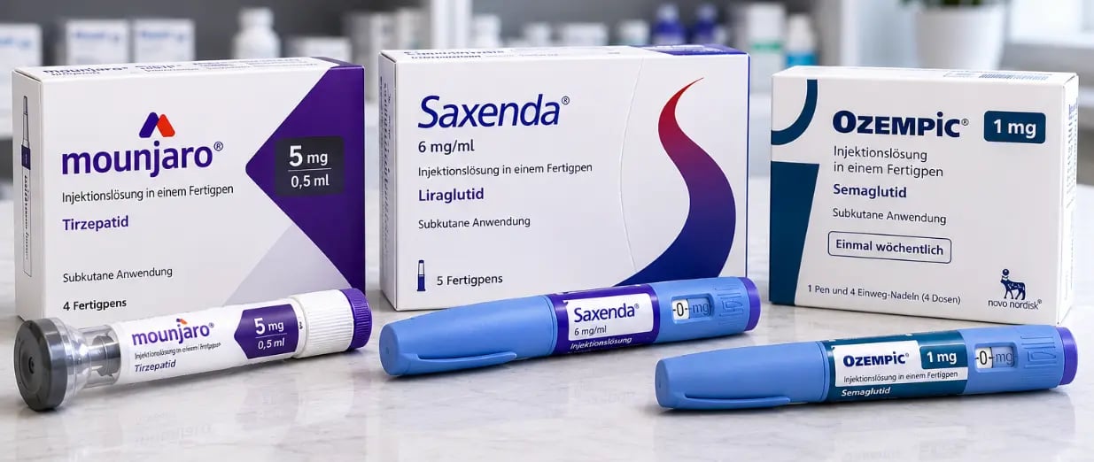 Packungen und Injektionspens von Mounjaro, Saxenda und Ozempic mit deutscher Beschriftung f&uuml;r subkutane Injektionen