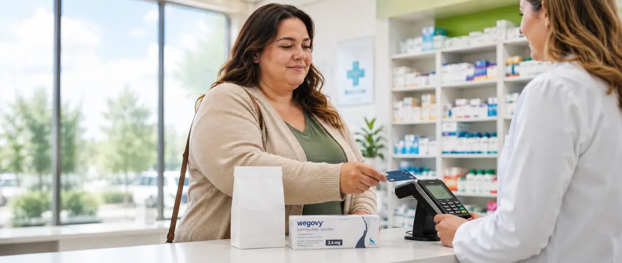Eine Frau bezahlt in einer Apotheke mit Karte f&uuml;r Wegovy