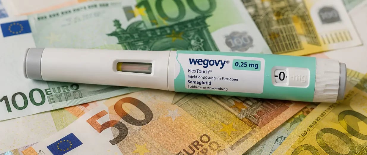 Wegovy-Injektionspen auf Euro-Banknoten