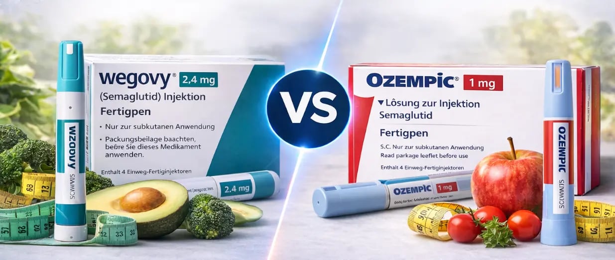 Wegovy und Ozempic Injektionspens liegen neben Lebensmitteln