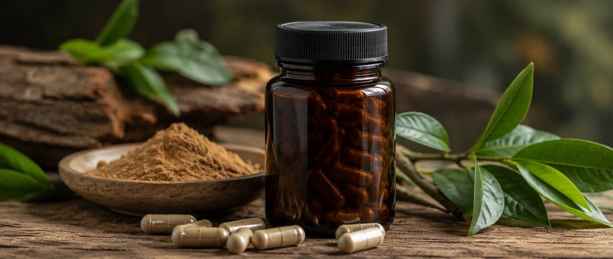 Ein Tisch, auf dem Tabletten und Kr&auml;uter liegen