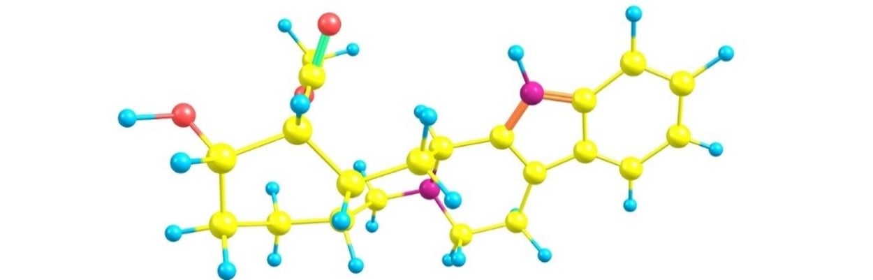 Representação 3D da estrutura molecular da ioimbina