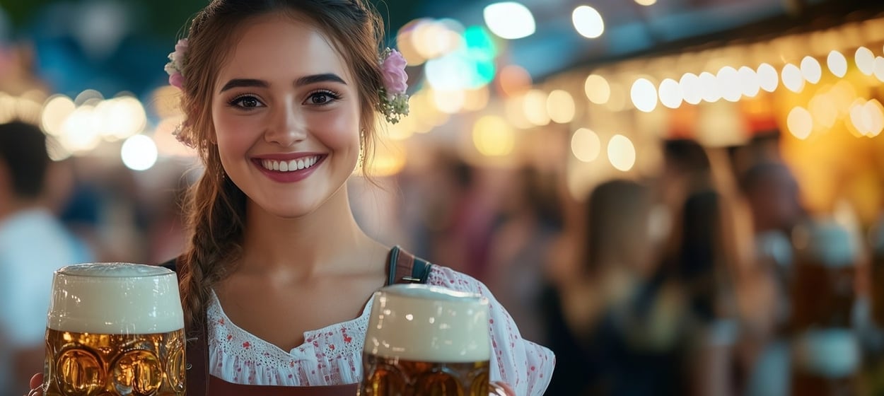 Eine junge Frau in traditioneller Tracht serviert Bier auf einer Oktoberfest-Party
