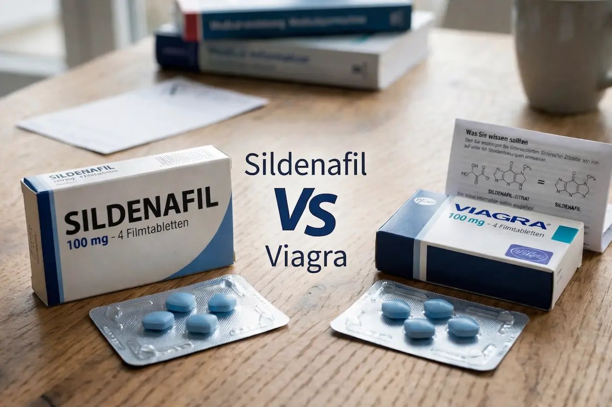 Vergleich von Sildenafil und Viagra Medikamenten auf einem Tisch