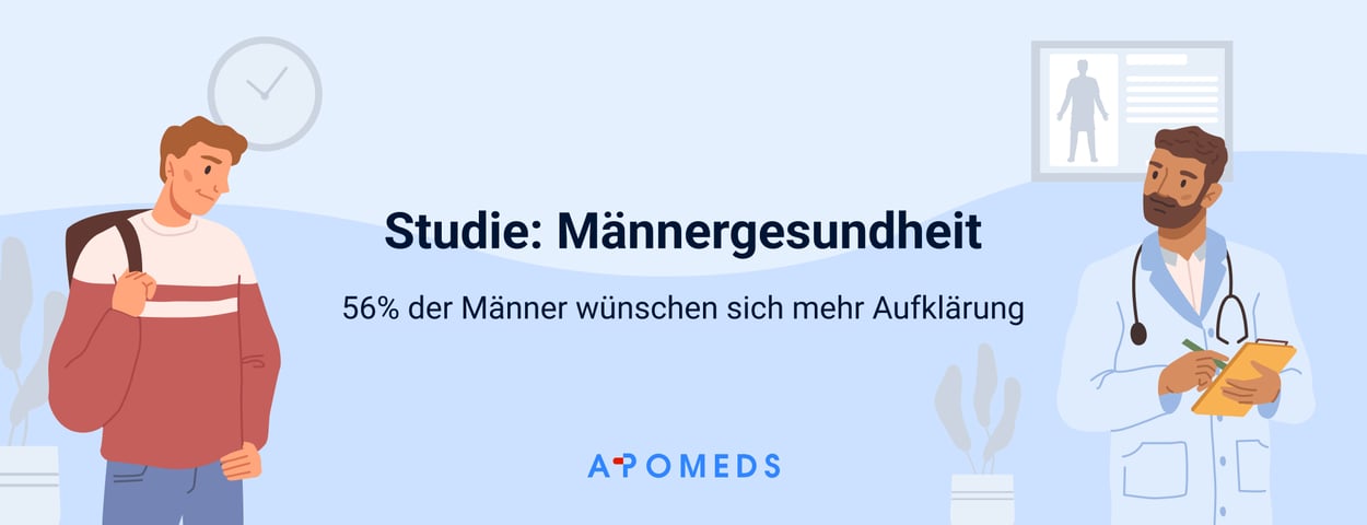 Titelbild zur Studie Männergesundheit von Apomeds mit einem Arzt und einem jungen Mann auf blauem Hintergrund abgebildet