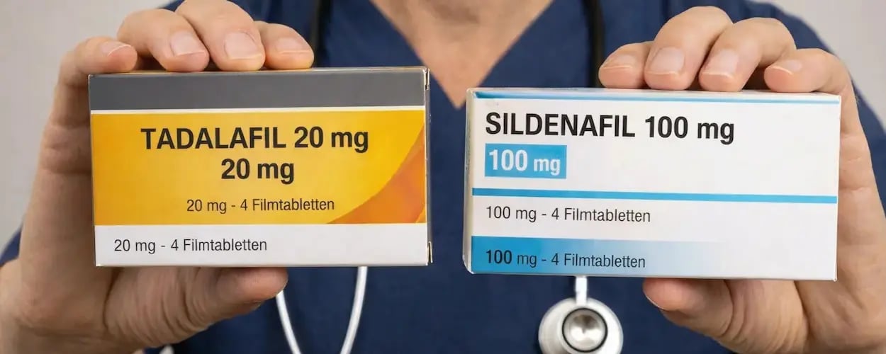 Arzt hält Packungen mit Medikamenten gegen erektile Dysfunktion