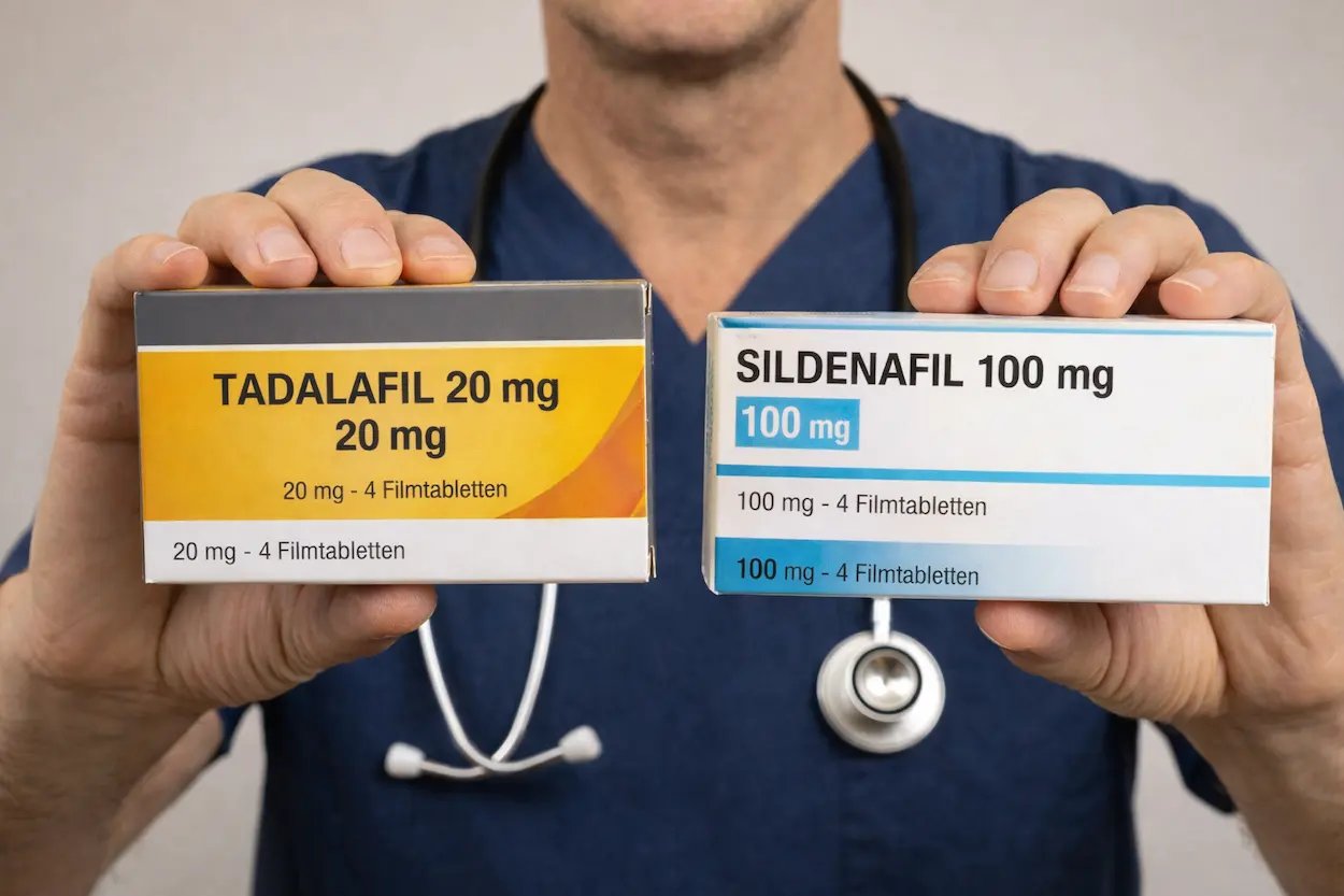 Arzt h&auml;lt Packungen mit Medikamenten gegen erektile Dysfunktion