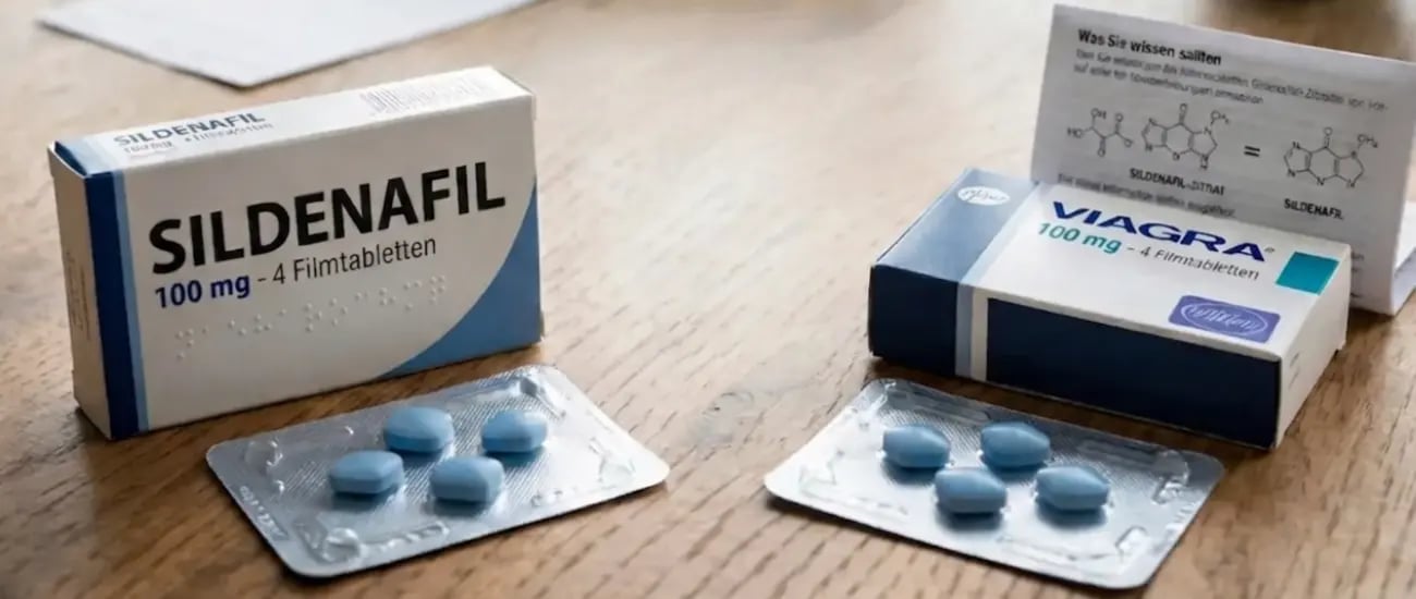 Vergleich von Sildenafil und Viagra Medikamenten auf einem Tisch