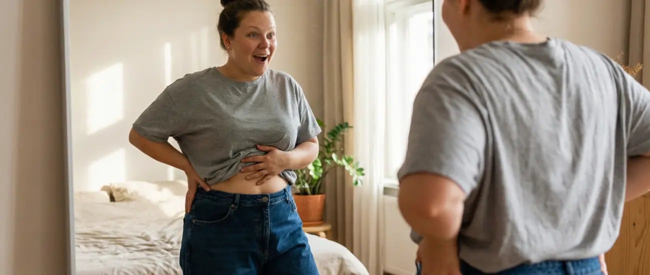 Frau schaut &uuml;berrascht auf ihren Bauch im Spiegel