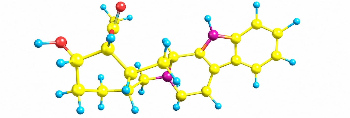 Representação 3D da estrutura molecular da ioimbina