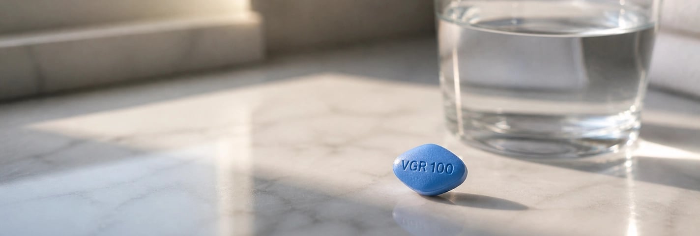 Eine blaue Tablette auf einem Tisch neben einem Glas Wasser