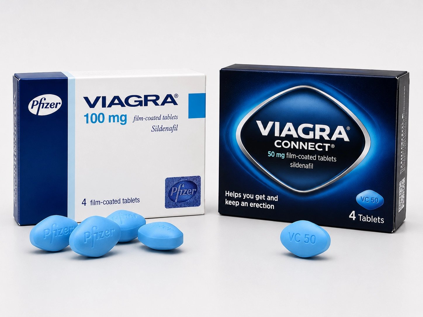 Viagra and Viagra Connect packages with blue tablets on a white background