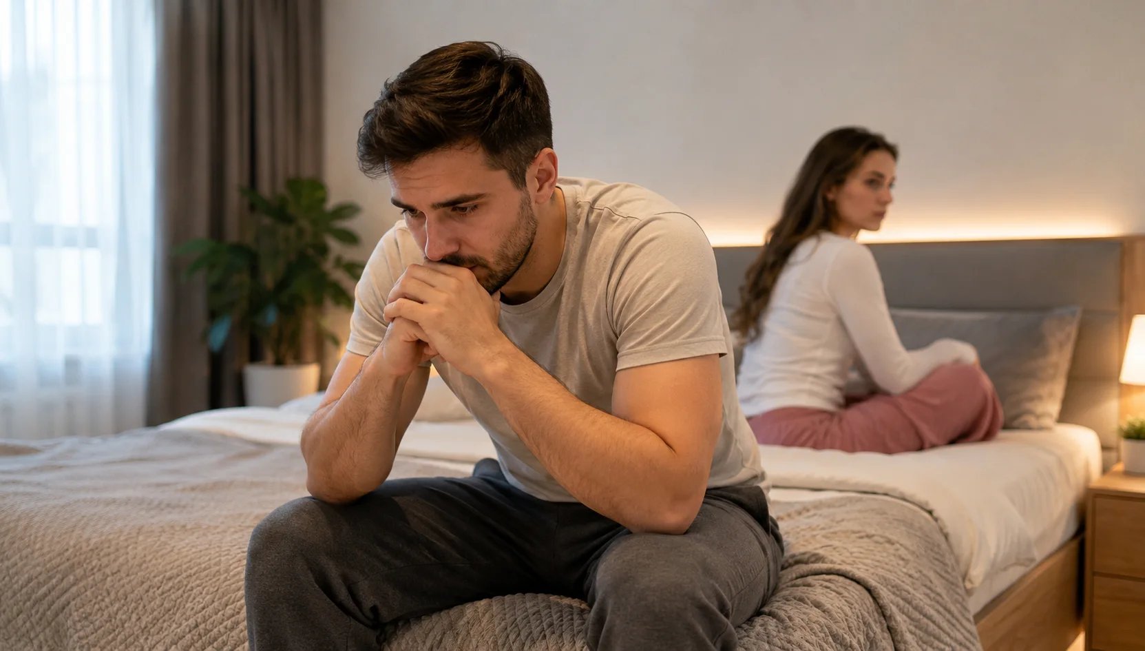 Mann sitzt besorgt auf dem Bett, während seine Partnerin sich im Hintergrund abwendet