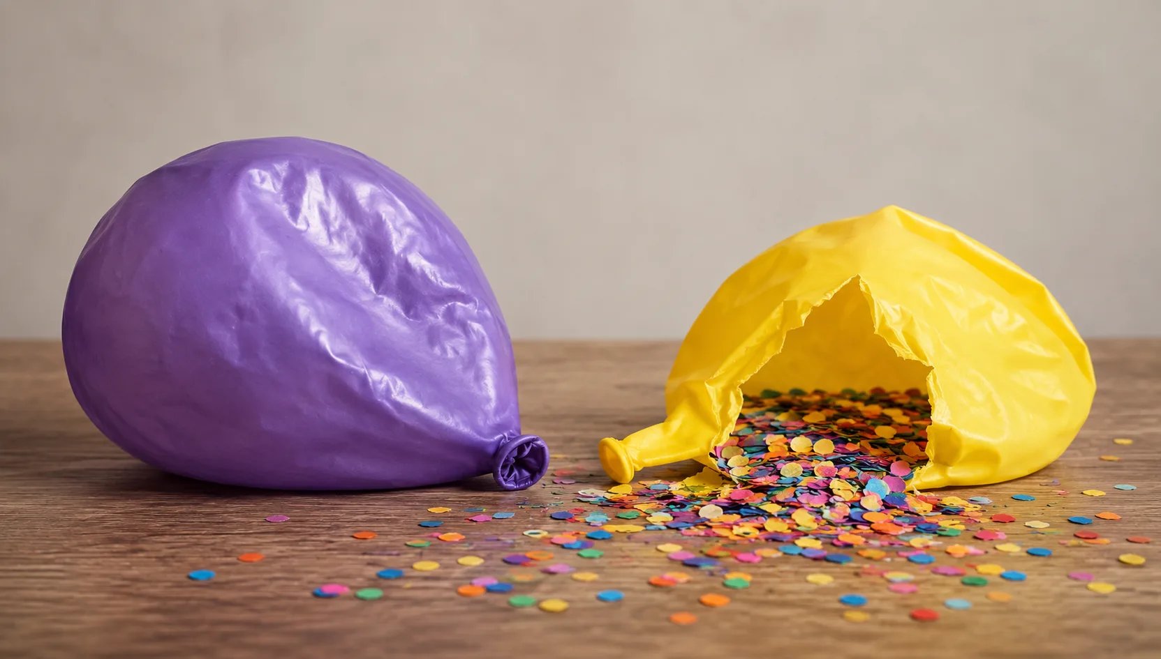 A deflated purple balloon sits beside a torn yellow balloon spilling colorful confetti onto a wooden table