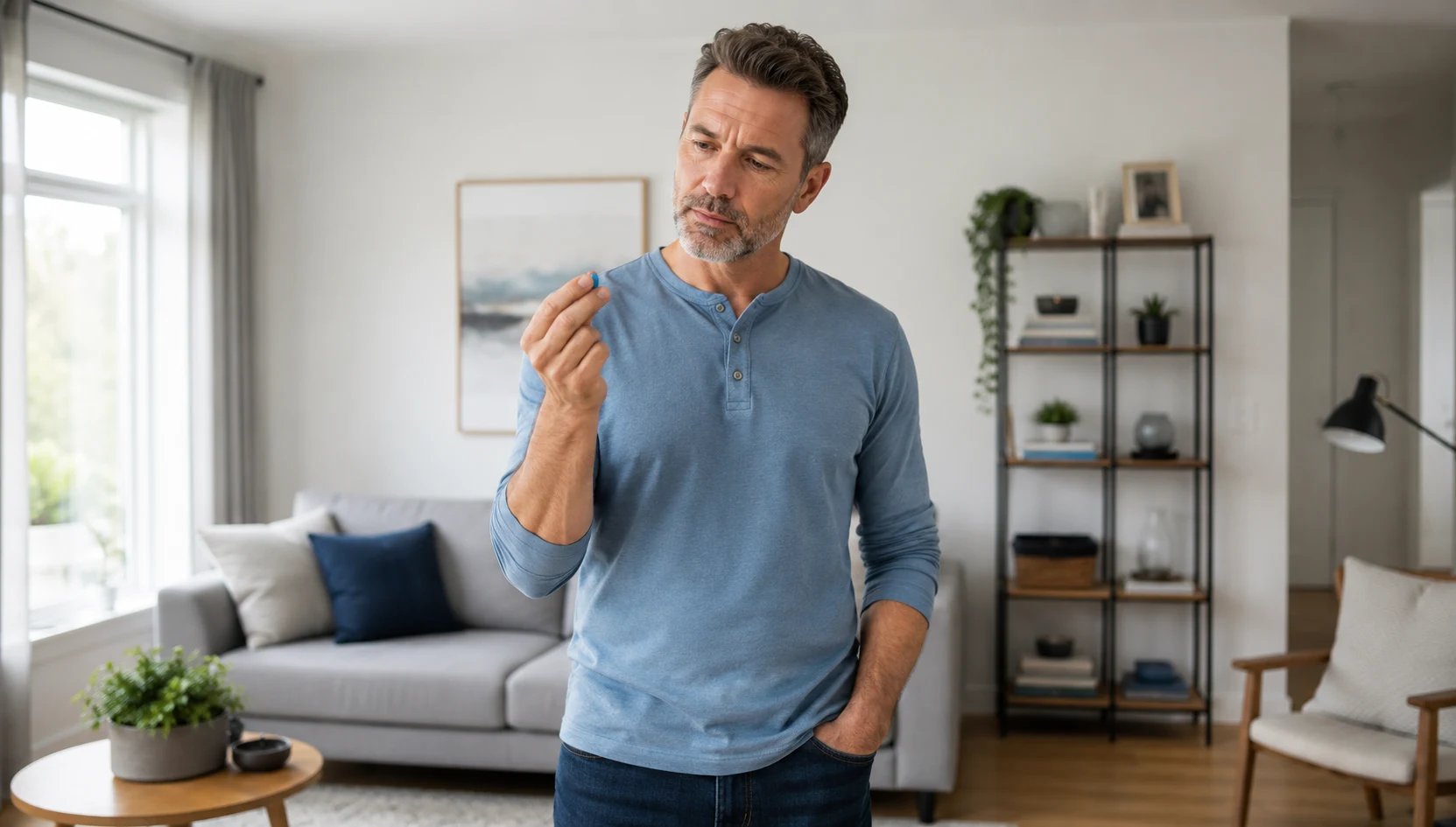 Mann, der eine blaue Pille in der Hand hält und nachdenkt