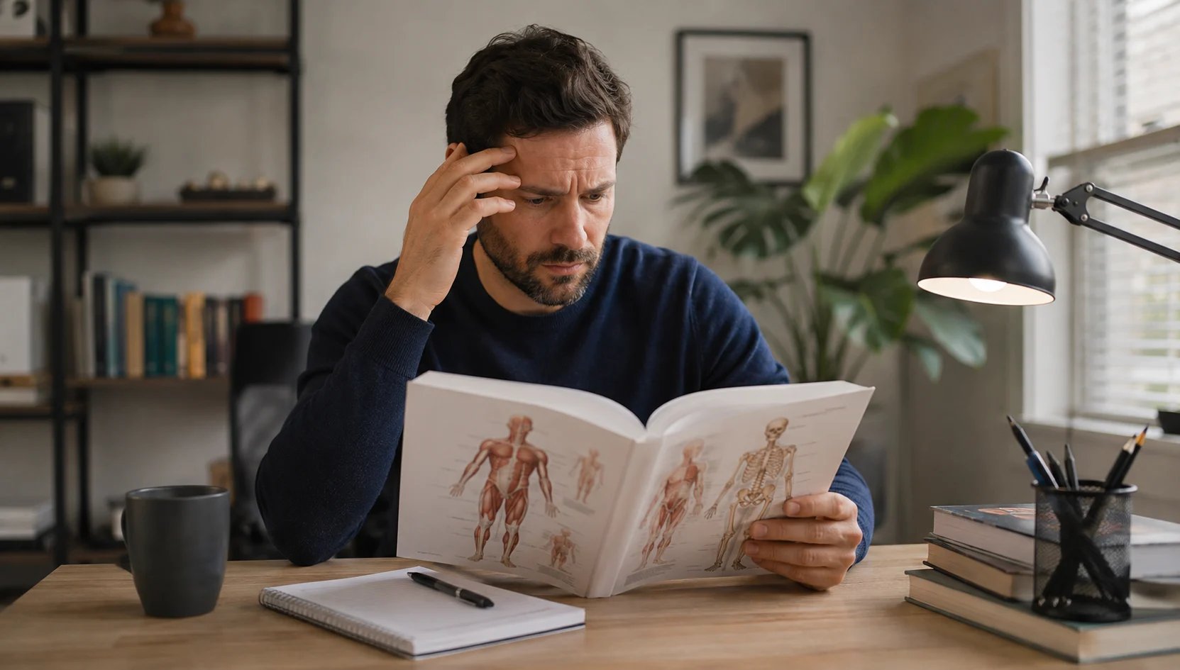 homem a ler um livro de anatomia
