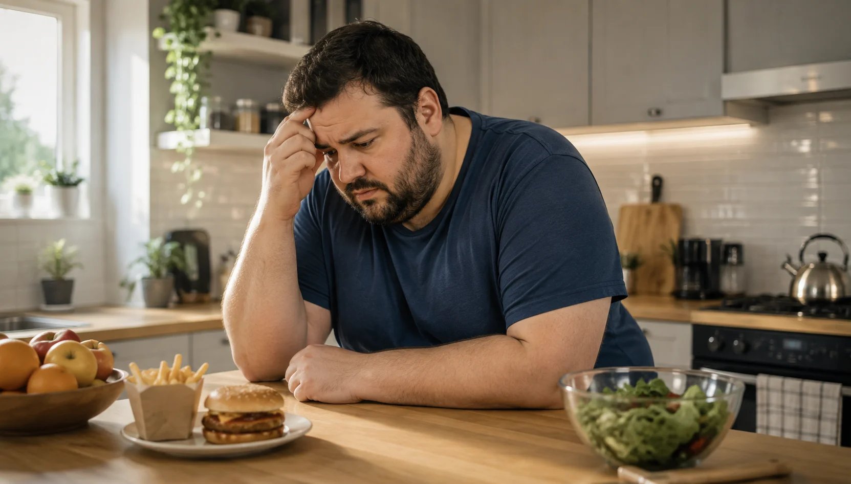 A man looking worried in the kitchen